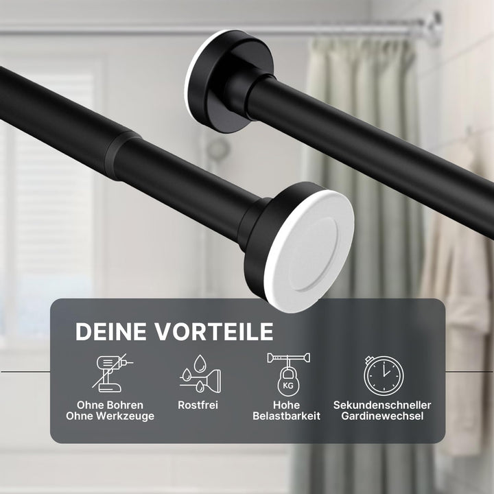 Gardinenstange zum Klemmen - Schwarz, Ø 25 mm, 1Stück - Duschstange ohne Bohren - Vorhangstange Klem