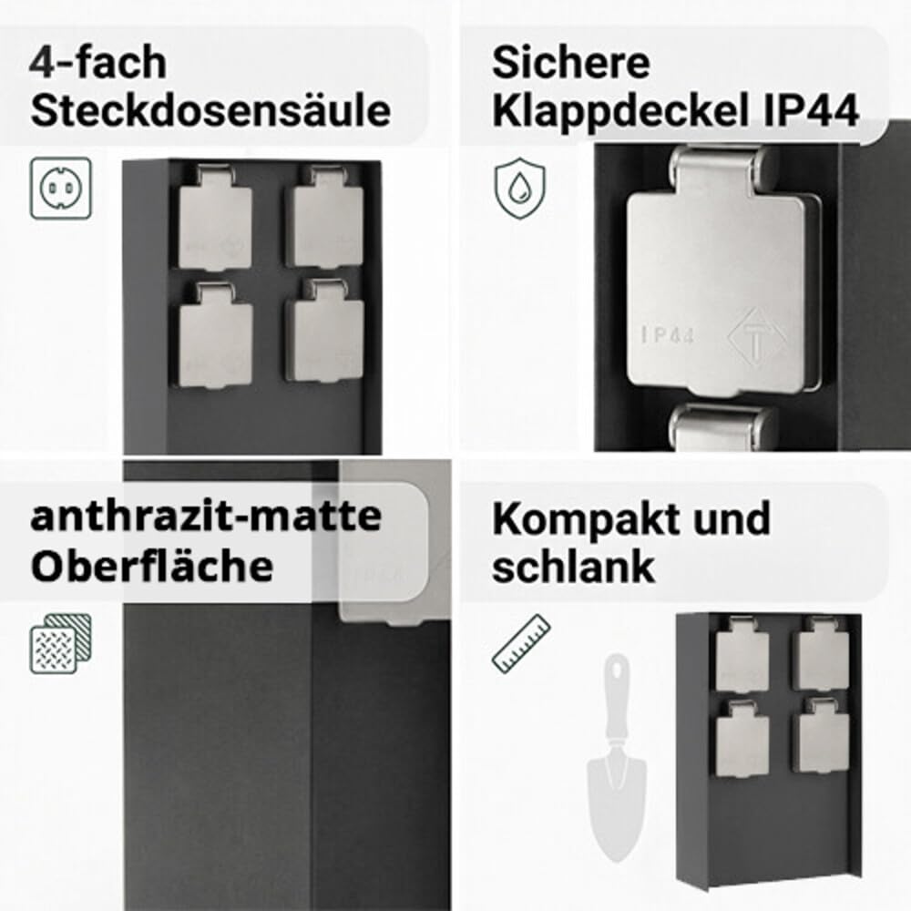LED Universum Gartensteckdose aus Edelstahl, IP44 für aussen, 23cm (Anthrazit 4-fach), Anthrazit 4-f