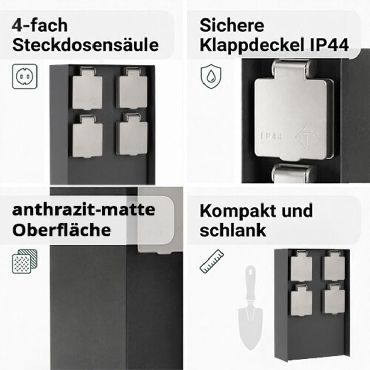 LED Universum Gartensteckdose aus Edelstahl, IP44 für aussen, 23cm (Anthrazit 4-fach), Anthrazit 4-f
