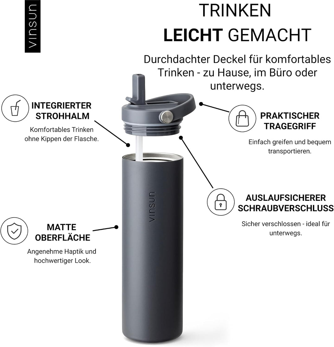 Vinsun Trinkflasche Edelstahl grün 750ml - Strohhalm &amp; Flexible Tragegriff Grün 750 ml, Grün 750 ml