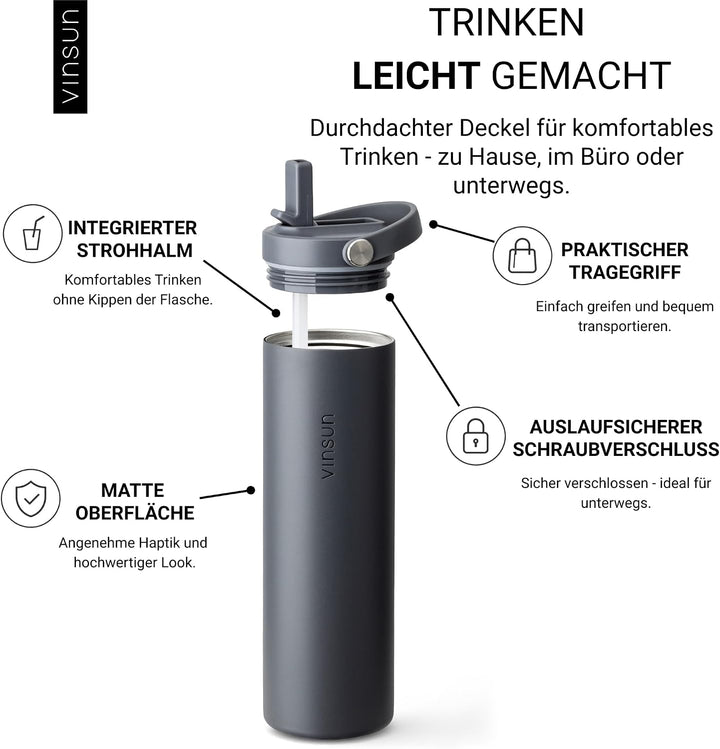 Vinsun Trinkflasche Edelstahl grün 750ml - Strohhalm &amp; Flexible Tragegriff Grün 750 ml, Grün 750 ml