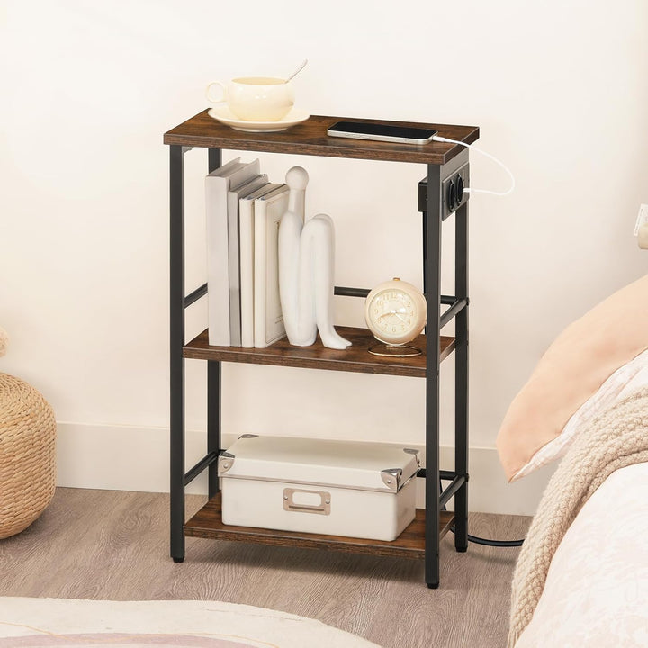 Beistelltisch Schmal, 3 Ablagen Nachttisch, Couchtisch mit Ladestation, Sofatisch, Wohnzimmertisch m