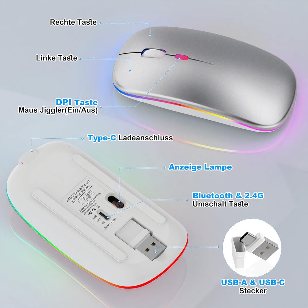 Kabellose Maus mit Jiggler-Modus – Bluetooth 5.2 & 2.4G Funk, für Laptop, PC, iOS, Android, iPad & W
