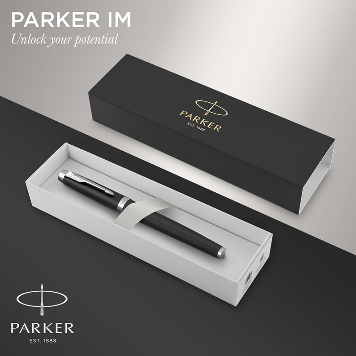Parker IM Rollerball Mattschwarz mit Chrom-Zierteilen feine Spitze mit schwarzer Tinte Geschenkbox M
