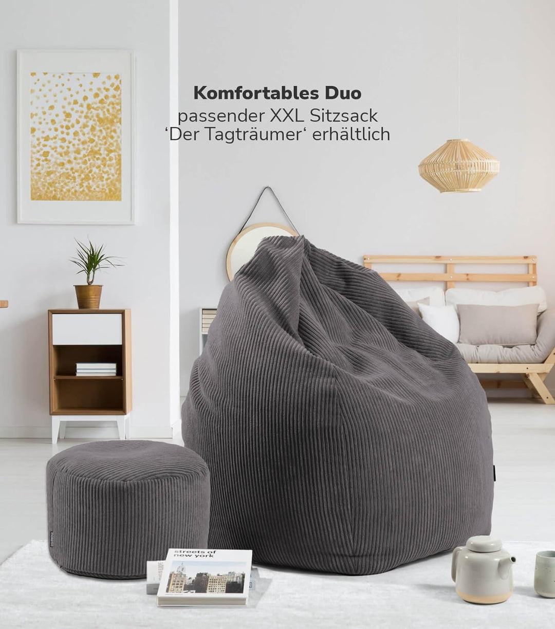 mokebo® Pouf, Hocker o. Sitzhocker aus Cord 40x60 cm 'Der Faule Lenz', Bodenkissen rund Anthrazit, F