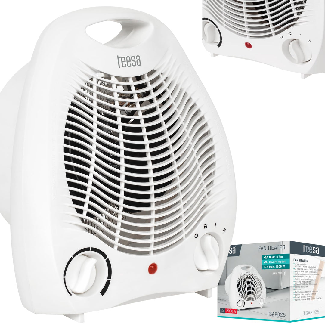 Teesa TSA8025 Heizlüfter 3 Funktionsmodi, 2 Heizstufen (1000W, 2000W), einstellbarer Thermostat, Übe