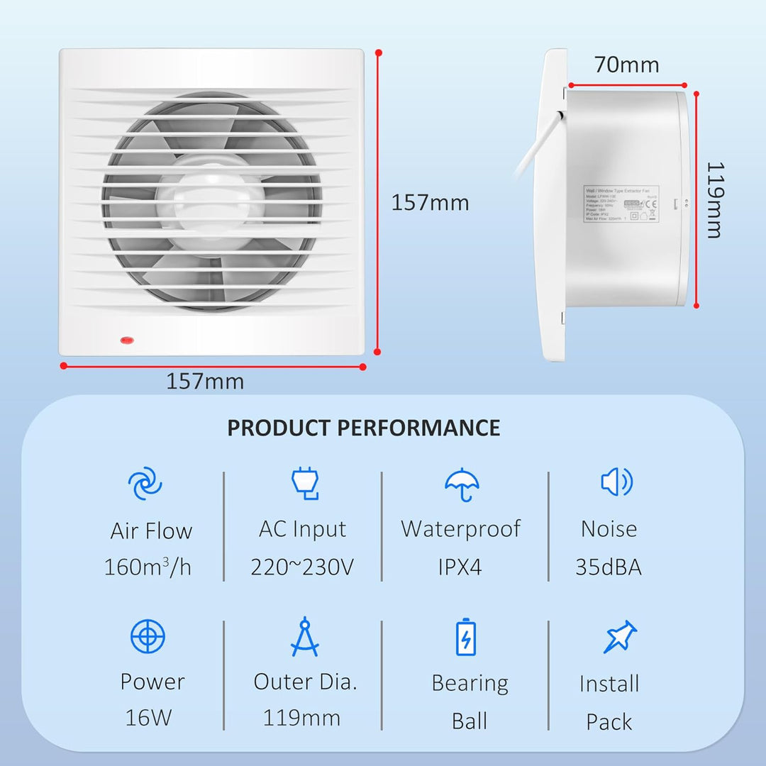 Moonjor 120mm Abluftventilator Küche, 160m³/h IPX2 Wasserdicht Badlüfter mit Rückstauklappe, 1m EU-N