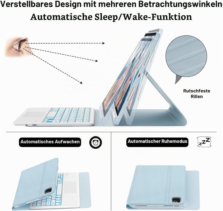 Hülle mit Tastatur für iPad Pro 12.9 (6/5/4/3 Gen), 7 Farben Beleuchtung, Multi Touch Trackpad, Deut