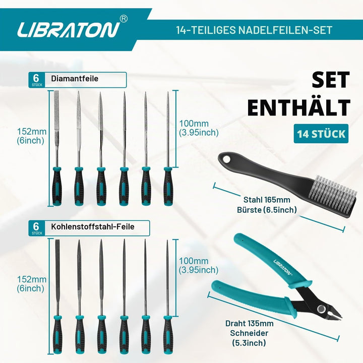 Libraton Nadelfeilen, Feilenset, Schlüsselfeilen 14tlg, 6 Diamantfeilen, 6 Kohlenstoffstahlfeilen mi