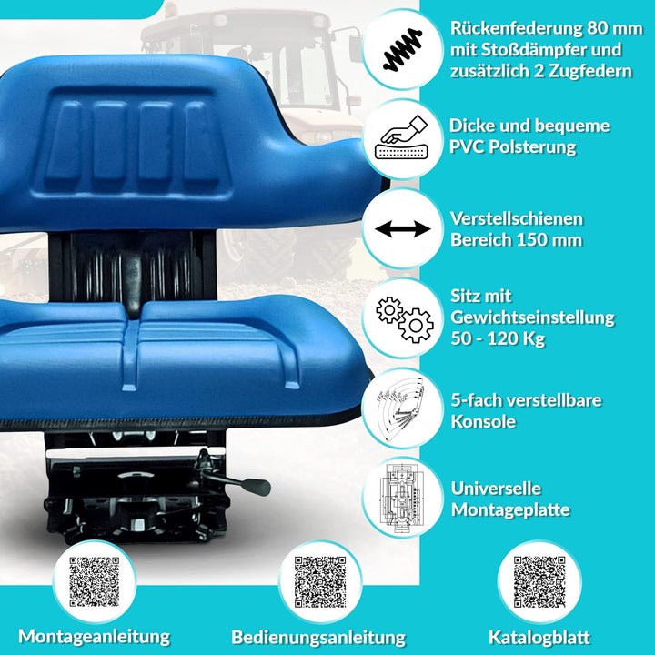 Schleppersitz Traktorsitz Universalsitz Trecker Sitz Oldtimer gefedert KS 44/2V PVC Blau kompatibel