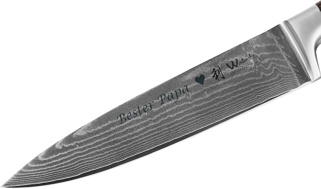 Wakoli EDIB Damast Chefmesser mit Gravur – Personalisiertes Messer, 20cm Klinge aus 67 Lagen Damasts