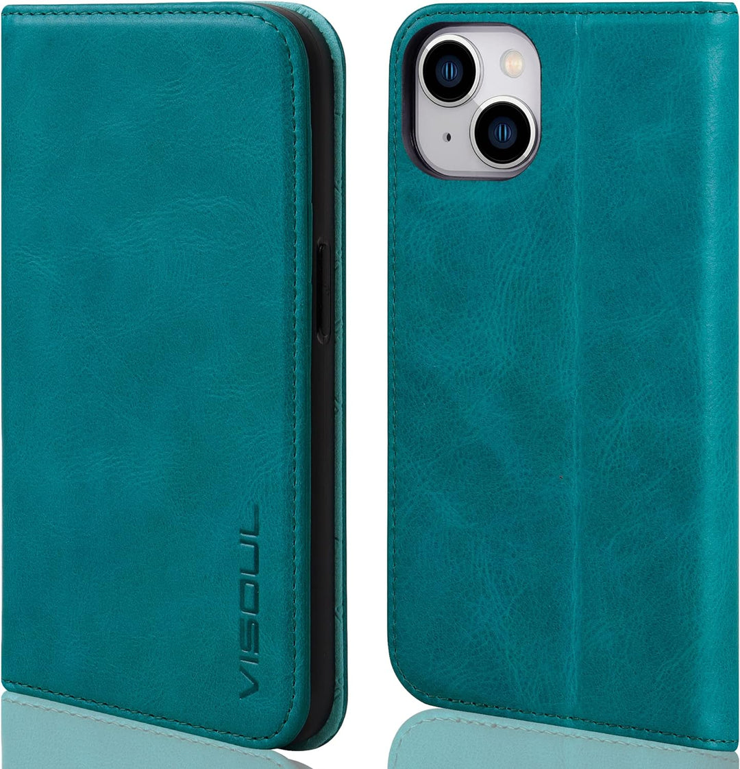 VISOUL iPhone 14 Plus Hülle, Stossfeste Handyhülle [Erstklassiges Rindsleder], TPU Schutzhülle [Kart