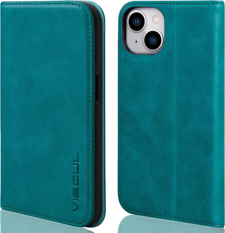 VISOUL iPhone 14 Plus Hülle, Stossfeste Handyhülle [Erstklassiges Rindsleder], TPU Schutzhülle [Kart