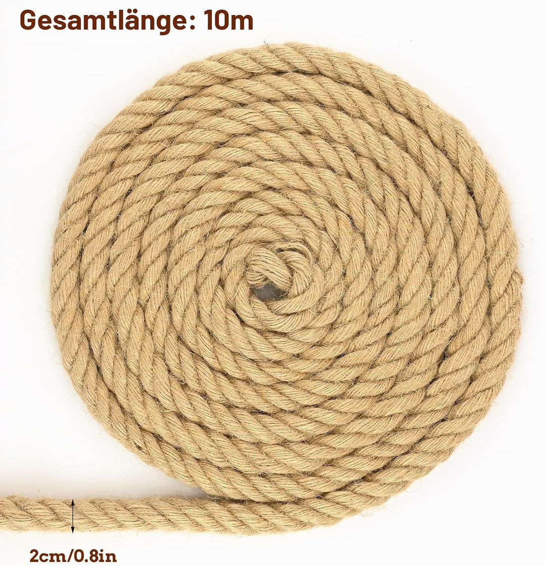 Juteseil 20 Mm 10 M, 4-SträNge Natürliches Dekoseil, Dickes Juteseil Tauziehen-Hindernisseil Gedreht