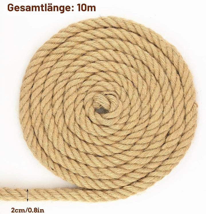 Juteseil 20 Mm 10 M, 4-SträNge Natürliches Dekoseil, Dickes Juteseil Tauziehen-Hindernisseil Gedreht