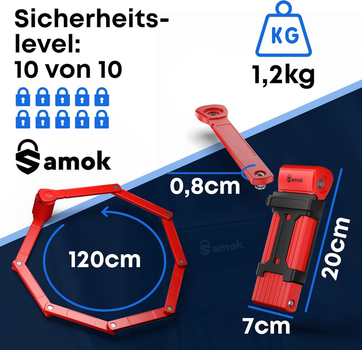 Samok® Fahrradschloss Faltschloss 120cm lang inkl. Halterung - Fahrrad Stahl Schloss faltbar mit Sch