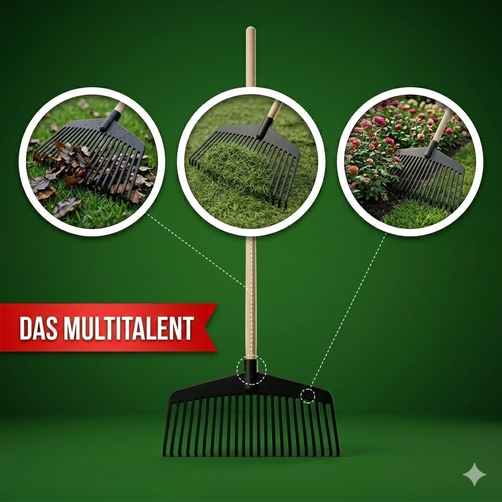 Laubbesen mit Stiel 150cm – Unzerbrechlicher Fächerbesen aus Polyamid – 21 Zinken Laubrechen für Gar