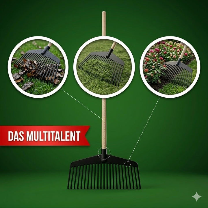 Laubbesen mit Stiel 150cm – Unzerbrechlicher Fächerbesen aus Polyamid – 21 Zinken Laubrechen für Gar