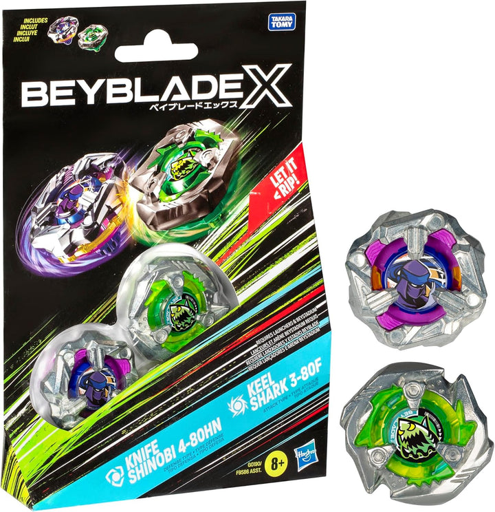 Beyblade X Knife Shinobi 4-80HN und Keel Shark 3-80F Kreisel Dual Pack, mit X-Celerator, mit 2 Klick
