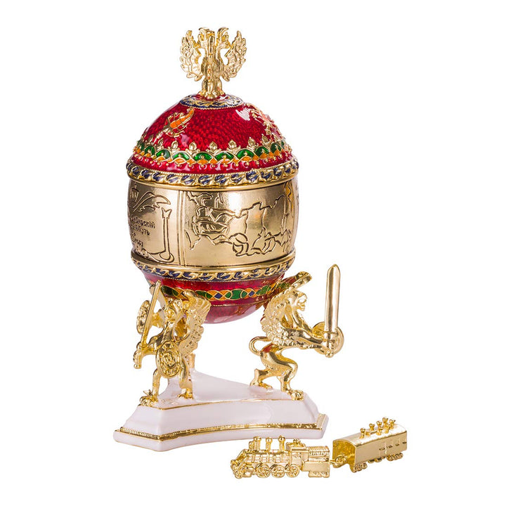 Transsibirisches Eisenbahn Fabergé-Stil Ei/Schmuckkästchen 12,5 cm rot