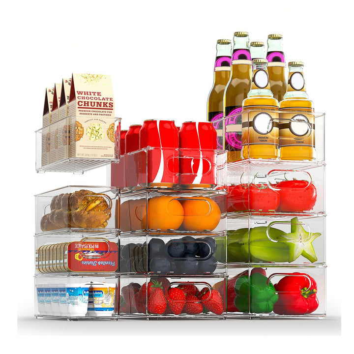 FINEW Kühlschrank Organizer 12er Set (4 Klein, 4 Mittel, 4 Gross), Stapelbar Kühlschrank Behälter, D