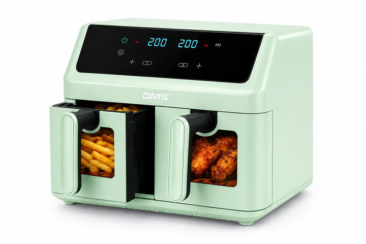 DMS® Doppelkammer Heissluftfritteuse 9L 2000W Air Fryer, Digitales Touch-Display, Dual Zone, 8 Autom