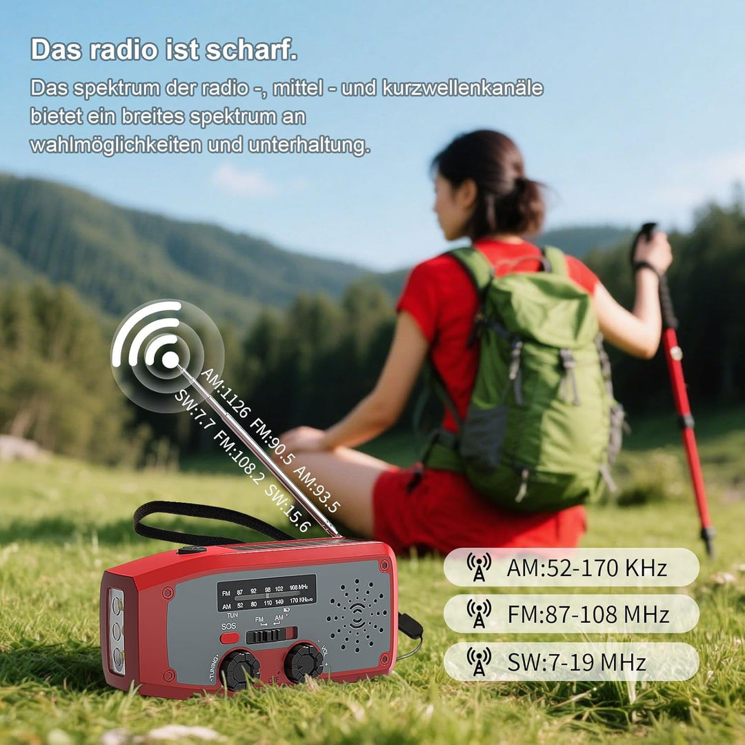 Notfall-Solarradio, kurbelradio Notfall weltempfänger testsiege mit LED-Taschenlampe, SOS-Alarm,AM/F