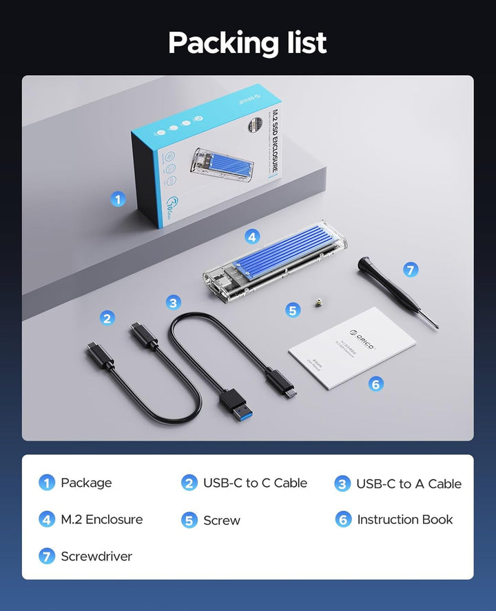 ORICO NVMe Gehäuse, USB 3.2 Gen2 (10Gbps) M.2 SSD Adapter, Transparent Externe M2 Gehäuse für PCIe M