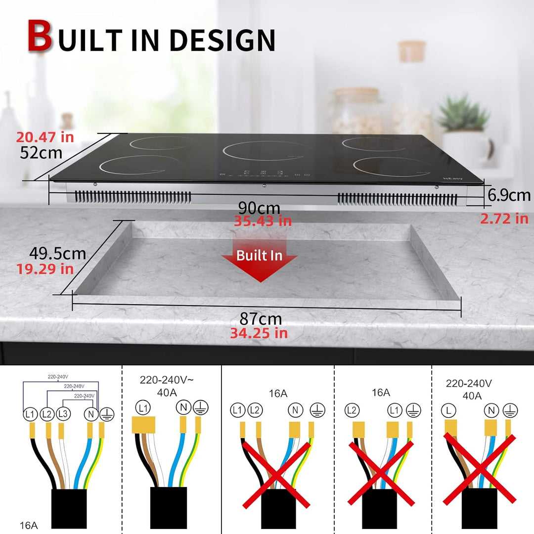 IsEasy Induktionskochfeld, 90cm elektrisches Induktionskochfeld – (8600W, 5 Kamine, schwarzes Glas,