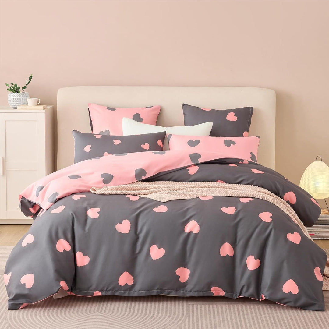Tospass Liebe Bettwäsche 135x200cm Grau Rosa Herz Mädchen Wende Bettwäsche Set Liebesmotiv Romantisc