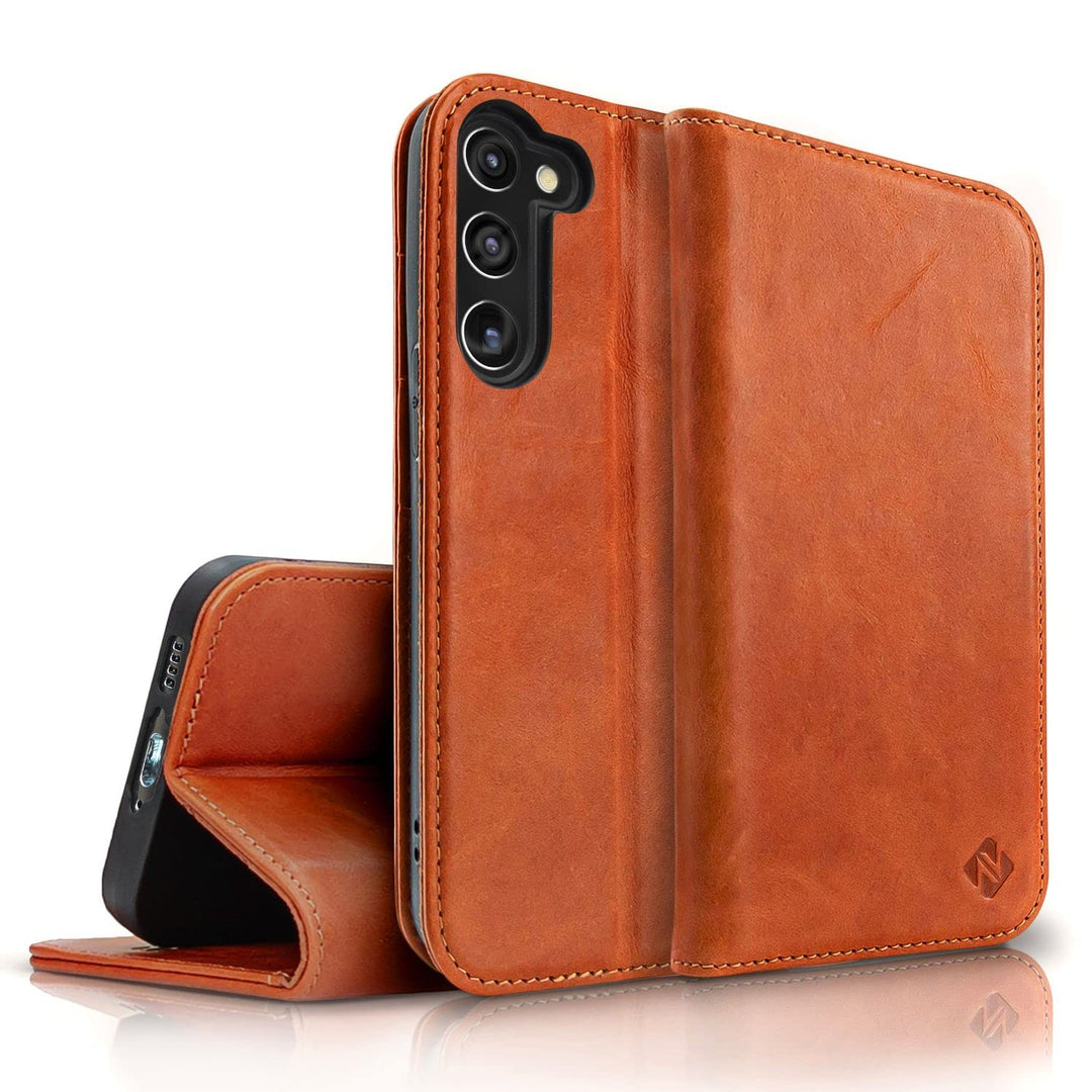 NALIA Echt-Leder Flip-Case kompatibel mit Samsung Galaxy S23 Plus Hülle, 360 Grad Bookcase, RFID-Sch