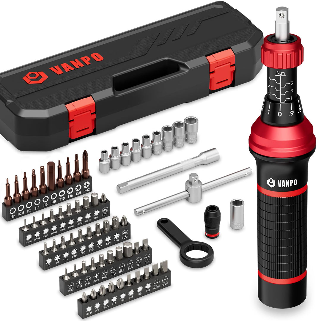 VANPO Drehmomentschraubendreher 1/4'', 64 tlg. 1-6 Nm Drehmomentschlüssel Schraubendreher Set mit T-