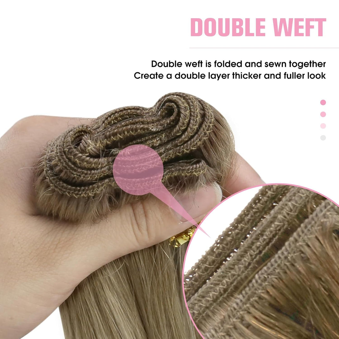 YoungSee Echthaar Tressen zum Einnahen Ombre Tressen Echthaar Braun Ombre Blond Weft Extensions Echt