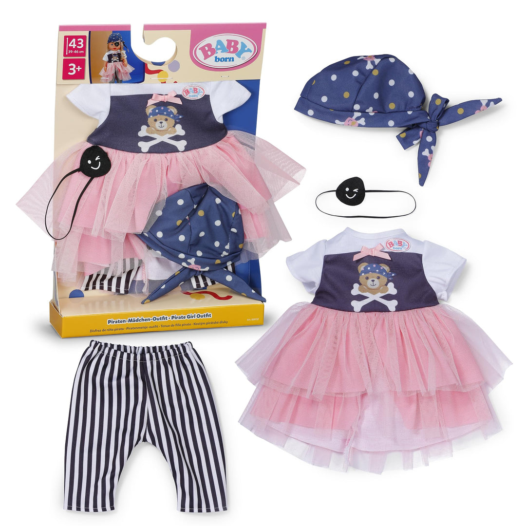 Baby Born Piratenmädchen-Outfit mit Kleid, Hose, Kopftuch und Augenklappe für 43cm Puppen