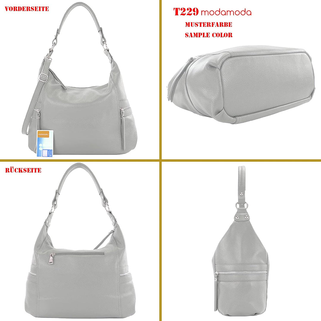 modamoda de - T229 - ital Schultertasche Shopper aus Leder Altrosa, Altrosa