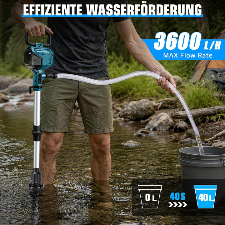 Akku Regenfasspumpe kompatibel mit Makita 18V, 3600 L/h, 10m Förderhöhe | Bürstenlos Motor, mit Gart