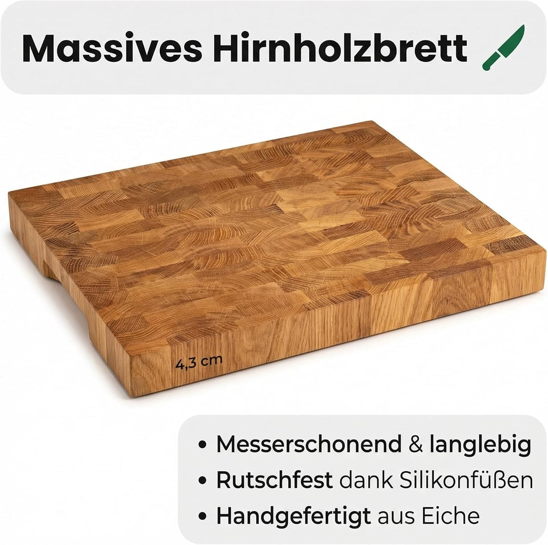 B4K® Küchenbrett aus Eiche Stirnholz | Antibakterielles Hirnholzbrett mit Griffen, Silikonfüssen und
