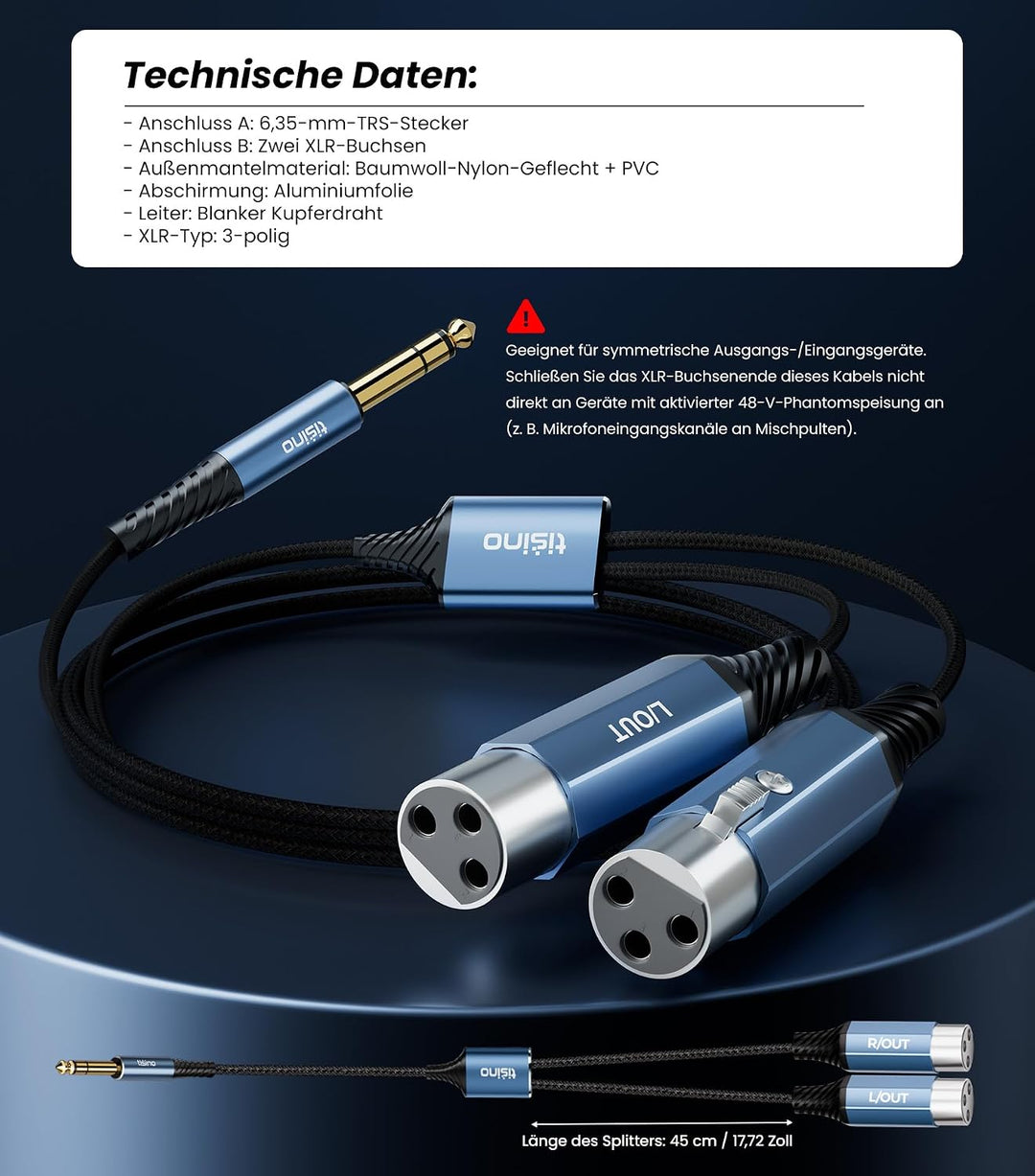 Tisino 2 Buchse XLR auf klinke 6,35mm TRS Stereo Y-Splitter Kabel, 3m 3m 6,35mm TRS auf 2 XLR-Buchse