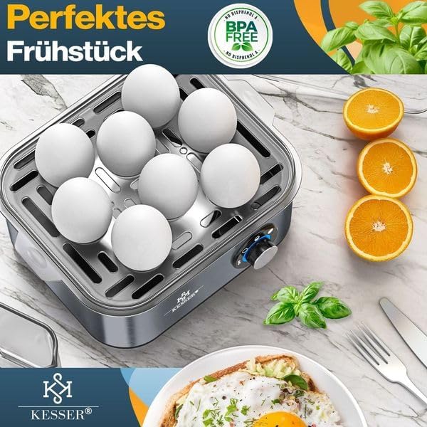 KESSER® Eierkocher für 1 bis 8 Eier elektrisch aus Edelstahl 500W & Warmhaltefunktion | LED-Drehscha