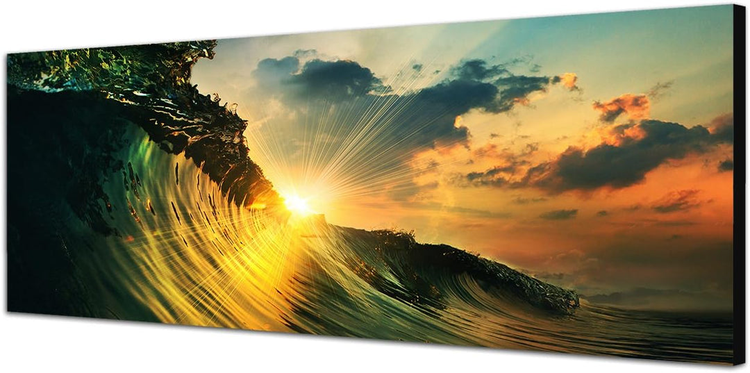 Paul Sinus Art Panoramabild auf Leinwand und Keilrahmen 120x40cm Meer Welle Wolkenhimmel Sonnenunter