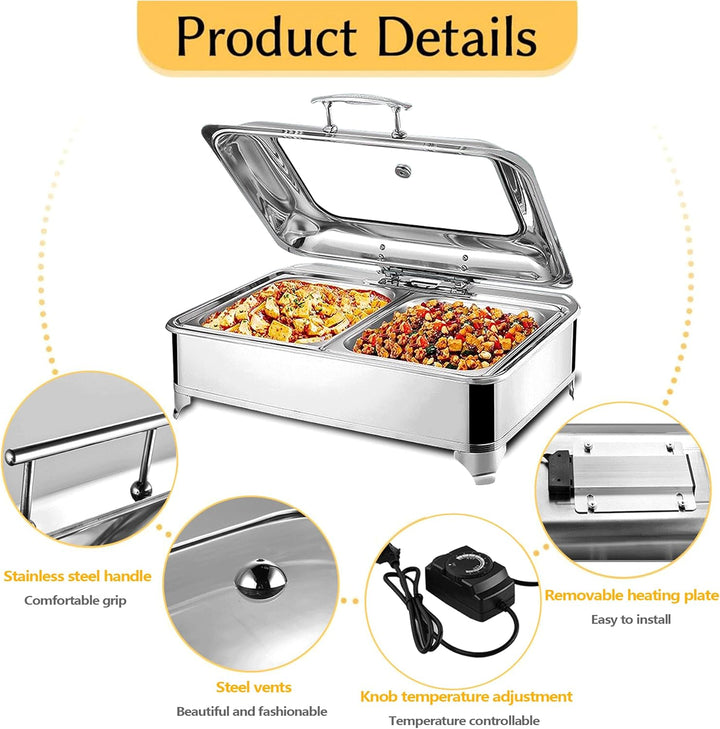 Chafing Dish Elektrisch, 9L Edelstahl Speisewärmer Buffetwärmer mit Sichtbarem Glasdeckel, Kommerzie