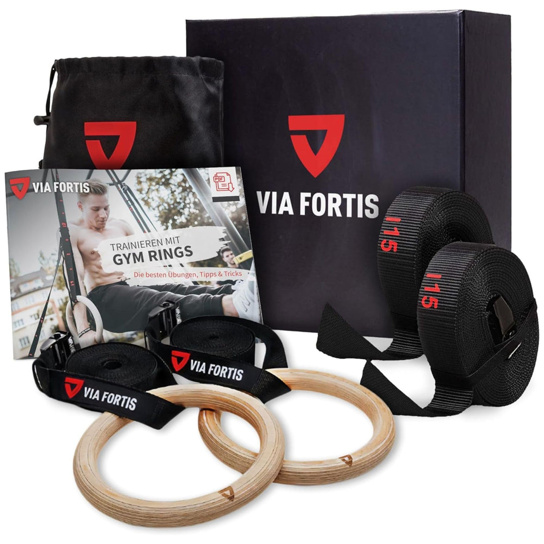 VIA FORTIS Premium Turnringe aus Holz inkl. Gurte, Tasche & Workout-Guide – Gym Ringe für Calistheni