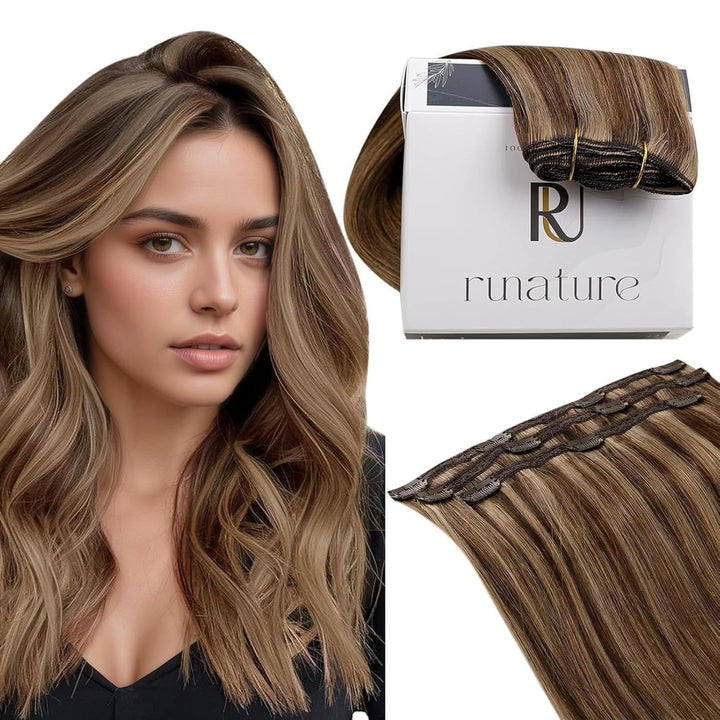 RUNATURE Echthaar Extensions Clip in Dunkelbraun mit Dunkelblond Echthaar Clip in Extensions Braun C