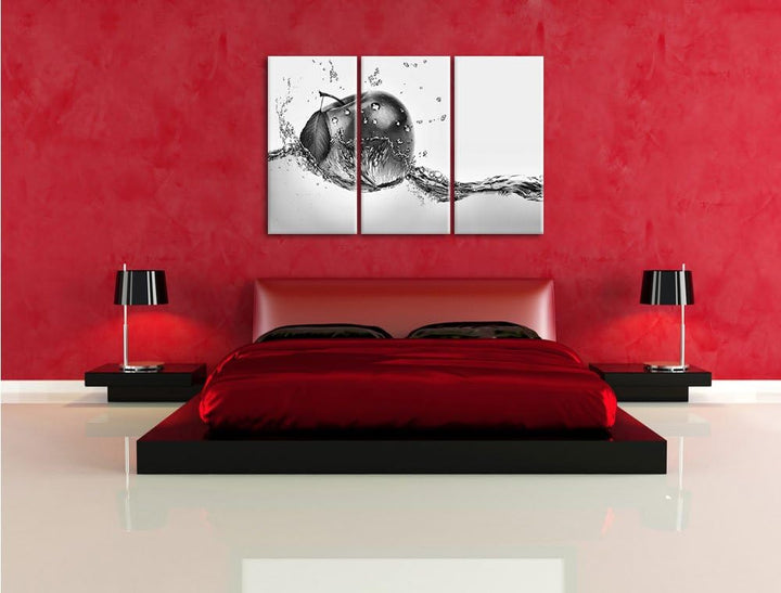Pixxprint Köstlicher Apfel fällt ins Wasser als Leinwandbild/Grösse: 3 Teilig (120x80) cm/Wandbild/K