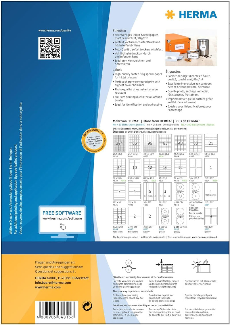 HERMA 4815 Adressetiketten für Inkjet Drucker, 100 Blatt, 97 x 33,8 mm, 16 Stück pro A4 Bogen, 1600