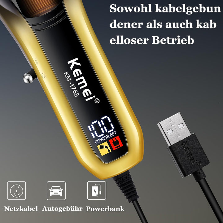 KEMEI Professionelle Haarschneidemaschine für Herren, 9000 U/min, wiederaufladbar, kabellos, mit LED