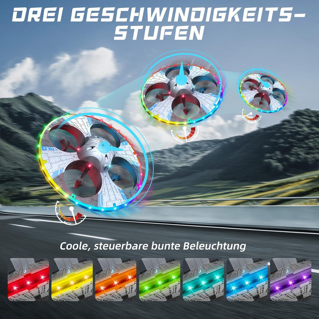 UFO Drohne mit Kamera, Drohne für Kinder und Anfänger mit Bunten LED-Lichtern, Kinder Quadrocopter F