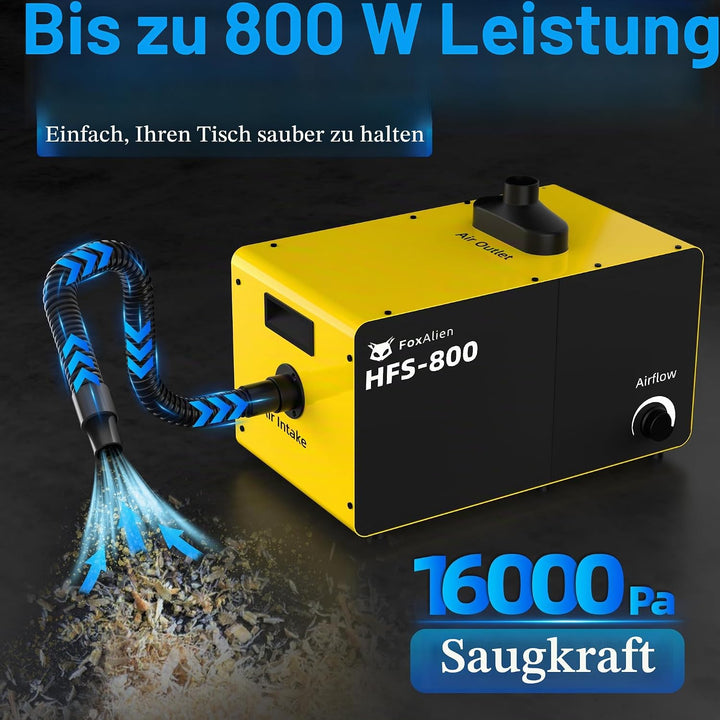 FoxAlien 800 W Desktop-Staubsammler HFS-800 mit Staubabscheider für CNC-Schneiden, Holzbearbeitung,