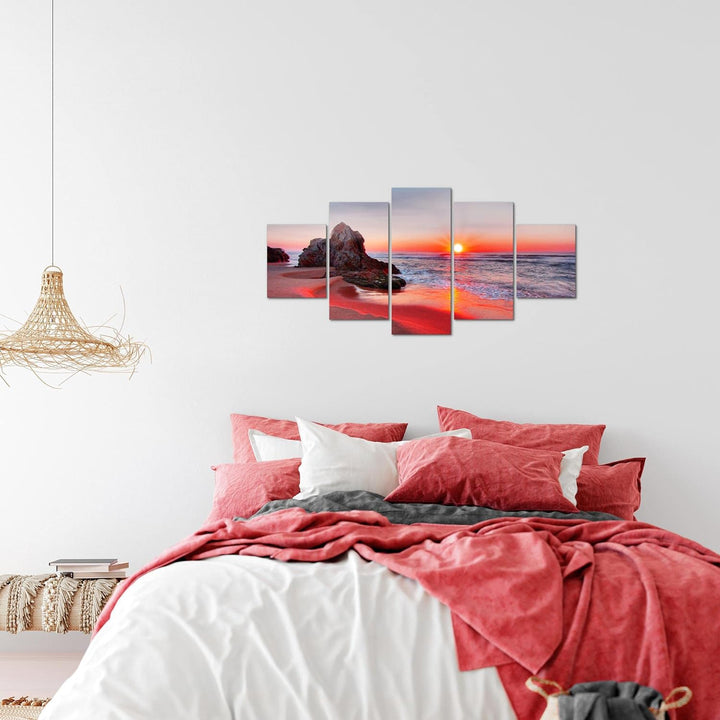 Runa Art Wandbilder Sonnenuntergang Strand 5 Teilig Bild auf Vlies Leinwand Deko Schlafzimmer Wohnzi