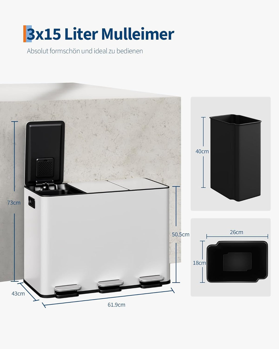 Mülleimer Küche 3 x 15 L aus Edelstahl, 3 Fächer Treteimer mit Softclose-Deckel, Abfalleimer mit Rut